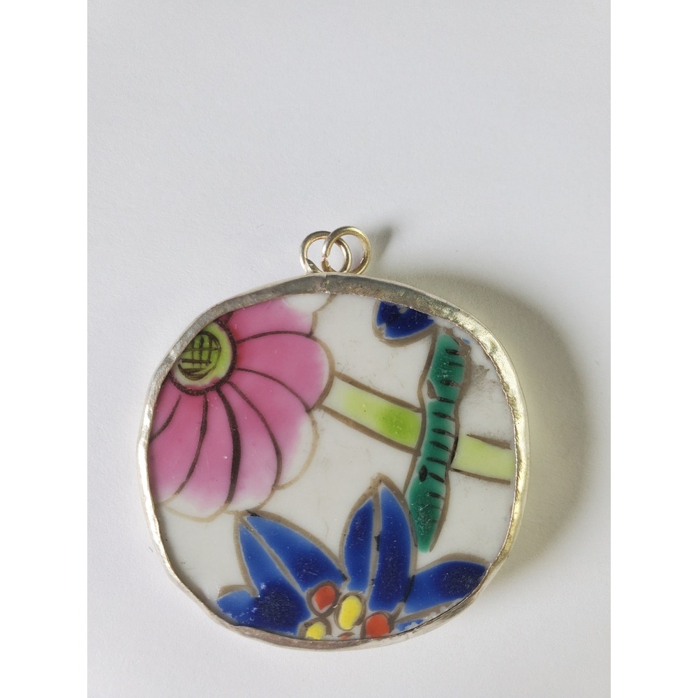 Floral Porcelain Pottery Shard Pendant Pink & Blue Vintage Broken China Jewelry - Picture 12 of 12